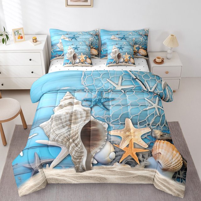 YST Summer Beach Theme 7-Piece Comforter Set, Ocean Animal Bedding, Full Size