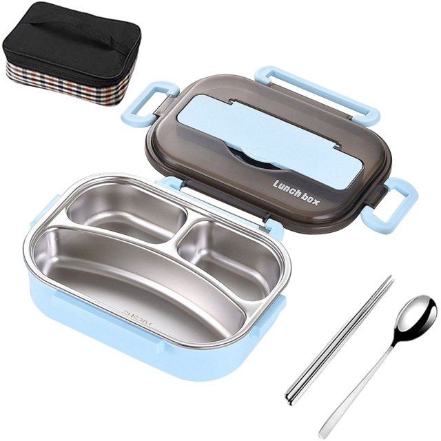 Dvkptbk Lunch Box Thermal Insulation Bento Box Tableware Set Portable Lunch Box Student Lunch Box Camping Essentials. The image shows a blue and stainless steel two-layer lunch box with a transparent lid, featuring three compartments for different foods. Accompanying the lunch box are a pair of stainless steel chopsticks, a spoon, and a black plaid-patterned insulated bag. Ideal for school, camping, or picnics.