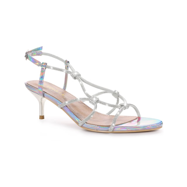 BLISSFUL STEP Women's Shoes Rhinestone Strap Slingback Kitten Heel Sandals in silver, size 8.5. These sandals feature a faux leather vamp adorned with rhinestones, an adjustable slingback strap, and a delicate kitten heel made of lightweight ABS material. The open-toe design and rubber outsole provide comfort and stability, while the shimmering rhinestones add a touch of elegance. Suitable for casual or semi-formal occasions, these sandals pair well with sundresses, cropped jeans, or midi skirts.