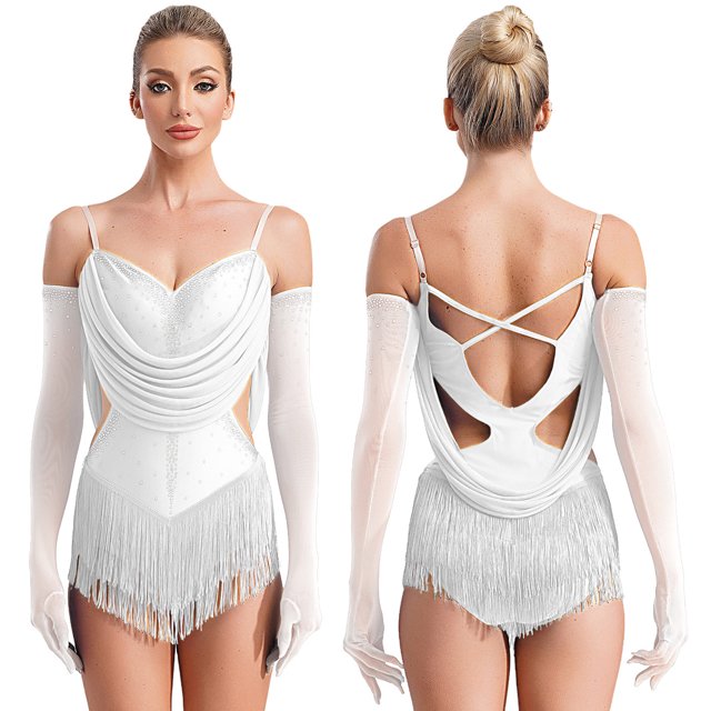 Aislor Justaucorps de Danse à Paillettes pour Femmes avec Strass, Robe de Danse Jazz Latine à Franges avec Gants Ivoire m