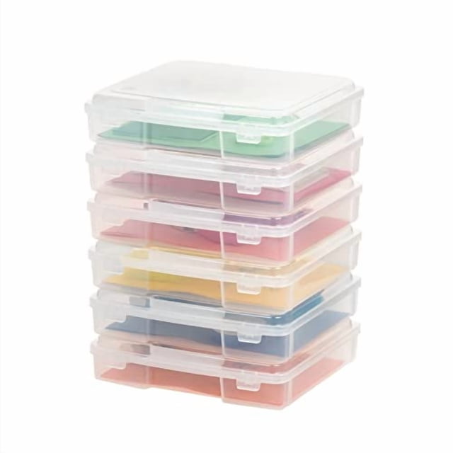 IRIS USA Portable Project Box with Snap Latch for 21.59 cm x 27.94 cm (8.5 in x 11 in) Paper, 6 Count. A set of six clear plastic storage boxes with snap-tight latches, designed to hold 8.5 x 11-inch paper and folders. Each box measures 12.25 inches long, 13.04 inches wide, and 3.15 inches high. Suitable for organizing art supplies, craft materials, or safeguarding electronics like tablets and chargers.