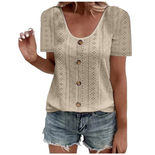 Plebaso Hauts d'Été pour Femmes Col Rond Manches Courtes T-Shirts Ajourés Décontractés Chemisiers à Boutons P-5TG