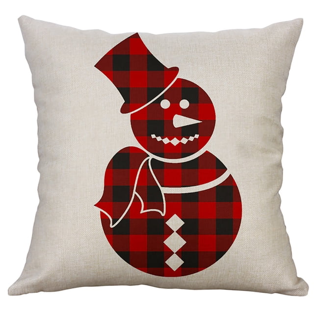 LADIGASU Christmas Sofa Bed Home Decor Case Cushion Cover featuring a square design made of linen material. The cover displays a festive red and black plaid snowman with a top hat and scarf on a beige background. Measuring 45cm by 45cm, it is suitable for throw pillows and adds a seasonal touch to home decor. The fabric is soft, fade-resistant, and machine washable for easy care.