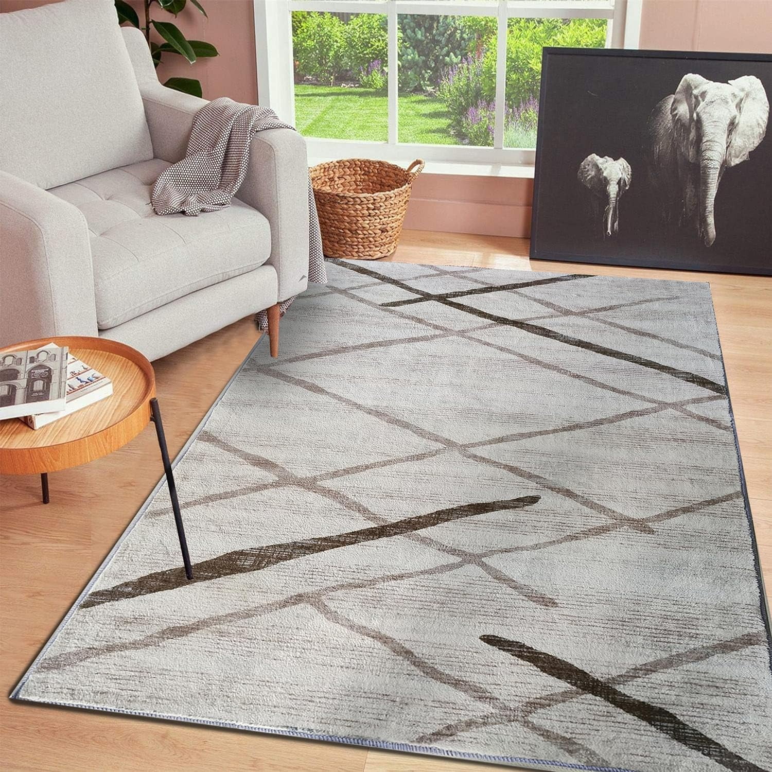 JV Home Tapis à Rayures Beige 6 Pieds6"x10 Pieds Lavable Antidérapant