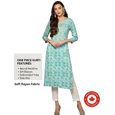 DWEEP SARA Kurta Droite en Viscose de Rayonne Bleu Turquoise à Motifs Ethniques TG-42