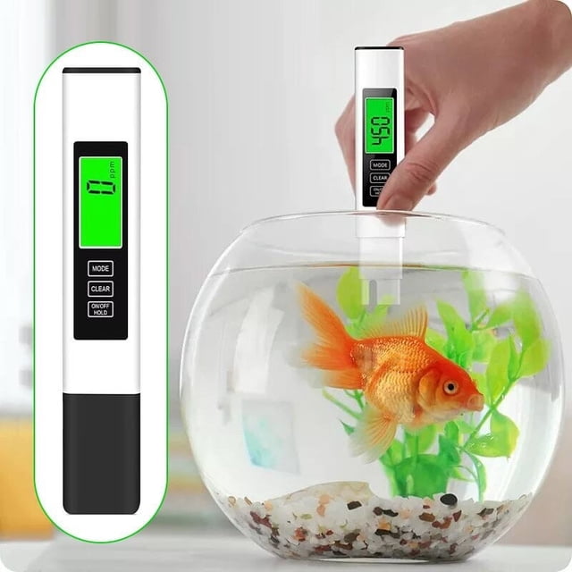 EQWLJWE Water Quality Tester, a portable digital TDS meter for aquariums, drinking water, and pool maintenance kits. The image shows the tester in use within a fishbowl containing a goldfish, with a green backlit LCD screen displaying water quality readings. Suitable for measuring total dissolved solids, electrical conductivity, and temperature with automatic temperature compensation. Ideal for pool cleaning tools and ensuring water safety.