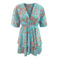 thumbnail image 5 of Robe Courte à Imprimé Floral pour Femmes, Plissée, Col en V, Cordon de Serrage, Taille Élastique, à Volants, Superposée, Robe Courte, 5 of 5