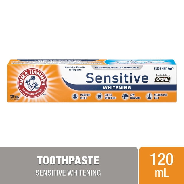 Arm & Hammer Sensitive Whitening Toothpaste, Fresh Mint, 120 ml tube with orange and white packaging featuring the Arm & Hammer logo, formulated with baking soda for maximum relief, gentle whitening, low abrasion, and acid neutralization, suitable for sensitive teeth care.