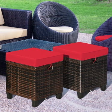 Costway Lot de 2 Poufs en Rotin pour Patio avec Coussin, Repose-Pieds, Table Basse, Rouge