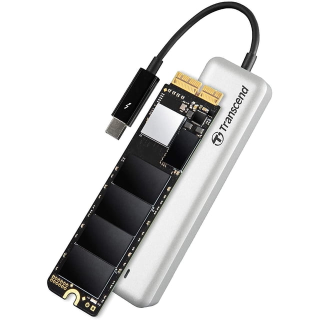 Transcend 480GB JetDrive 855 PCIe SSD Upgrade Kit for Mac showing a black M.2 SSD with gold connectors alongside a slim silver aluminum USB 3.1 Gen 1 enclosure with Transcend branding and a short black USB-C cable, designed to expand MacBook Air and MacBook Pro Retina storage and convert the original SSD into a portable external drive.