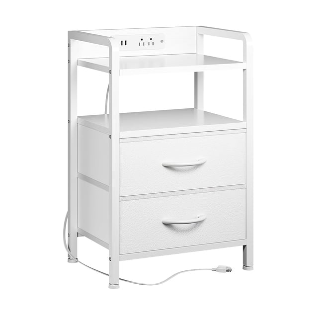 End Table with 2 Drawers & Open Shelf, Metal Frame Nightstand, Black/Brown/White