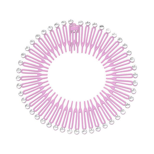 Full Circular Tooth Interlocking Stretch Rhinestone Stretch Comb Flexible Crystal Circle Combs Hairband Holder Head Band Banquet Hairstyling Pink