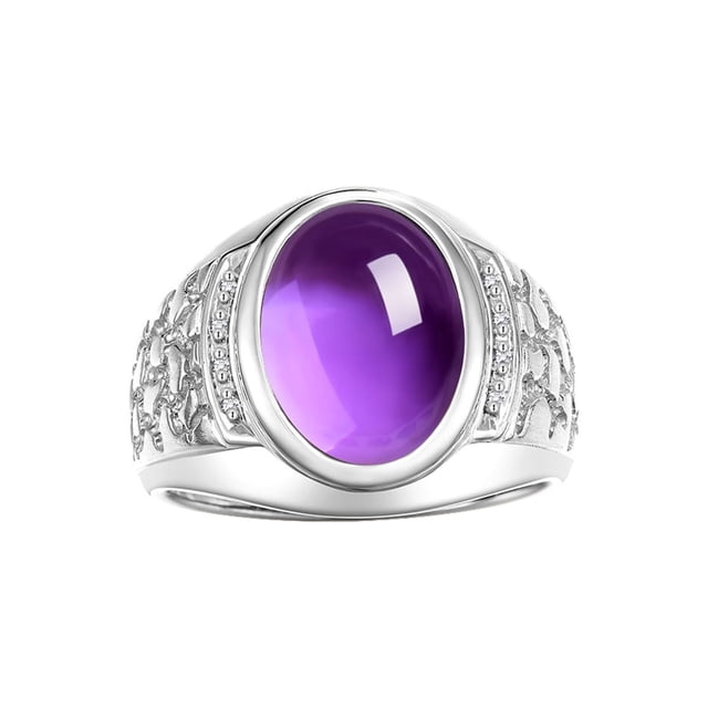 RYLOS Men's Rings 14K White Gold Nugget Ring with Cabochon Gemstone & Diamonds Amethyst Rings For Men Size 10