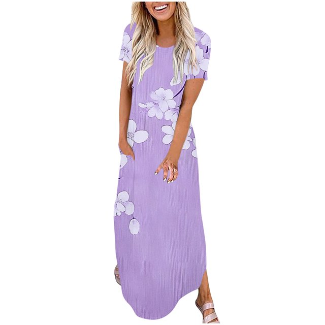 Ovzne Robes pour Femmes 2025 Robe Mode Robe Décontractée pour Femmes Imprimée à Manches Courtes Col Rond Robe avec Poches Robe Grande Taille Robe à Manches Courtes Imprimée Liquidation
