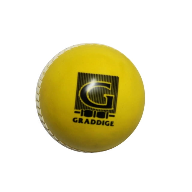 Graddige Yellow Plastic Cricket Ball with PU center, featuring a bright yellow surface and white stitched seam, branded with a black 'G' logo, ideal for senior team sports cricket matches and suitable for practice sessions.