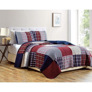 Chezmoi Collection Grizzly 3-Piece Plaid Checkered Patchwork Quilted 100% Washed Cotton Reversible Bedspread Quilt Set, Queen