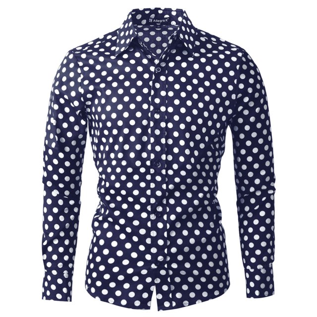 INSPIRE CHIC Men's Shirt Polka Dots Pattern Point Collar Long Sleeve Button Down Shirt 50 Navy Blue