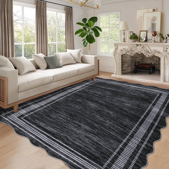 Garvee Tapis Modernes à Bordure pour Aire, 8'x10 Pieds Tapis Abstrait Esthétique Doux pour Salon Tapis Irrégulier Antidérapant à Poils Courts à Bord Festonné pour Chambre Salle à Manger Bureau à Domicile, Noir
