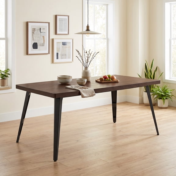 Homy Casa 62.9 in Walnut Brown Rectangular Dining Table with Black Metal Legs for Kitchen and Dining Room