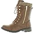 thumbnail image 3 of Forever Link Bottes de Combat pour Femmes Mango-31 à Bout Rond, Style Militaire, à Lacets, en Tricot, Cheville avec Revers, Talon Bas, PU Brun, 7, 3 of 4