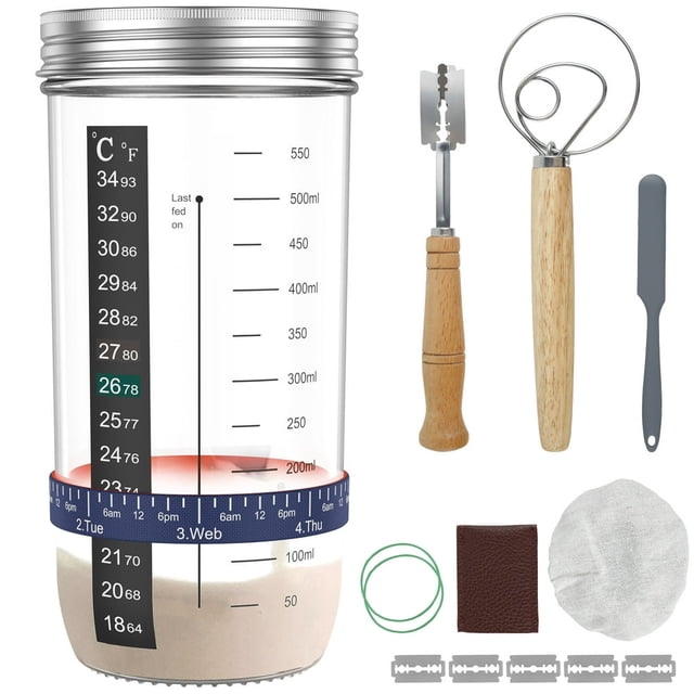 9Pcs Sourdough Starter Jar Kit with Scale 730ml Heat Resistant Sourdough Starter Container with Lid Silicone Spatula Thermometer Reusable Glass Fermentation Tank for Sourdough Baking