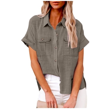 fheaev Chemises Boutonnées pour Femmes Manches Courtes Retroussées T-Shirts en Coton et Lin à Boutons avec Poche Tuniques de Travail à Col en V Blouse Hauts à Col