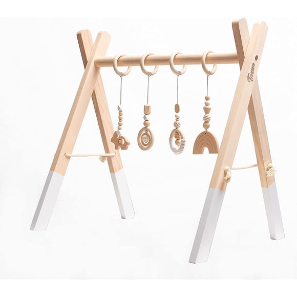 Treasure kids Gym pour Bébé en Bois de Luxe avec 4 Jouets - Tapis de Jeu Montessori Pliable - Cadeau de shower pour Nouveau-Né et Nourrisson