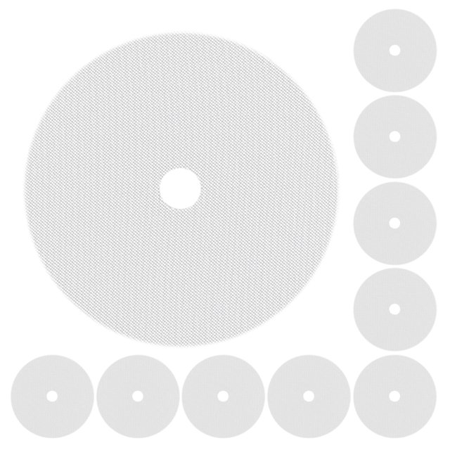10Pcs Round Silicone Dehydrator Sheets in white, designed for non-stick and reusable use with fruit dryers and food dehydrators. The set includes ten round mats, each with a central hole for compatibility with various dehydrator models. Made from durable silicone, these sheets are resistant to high temperatures and wear, measuring 33.00 x 33.00 x 0.10 cm. Suitable for drying meat, fruits, and vegetables, they are easy to clean and maintain.