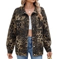 thumbnail image 1 of Veste Décontractée pour Femmes à Manches Longues, Col à Revers, Boutonnée, Coupe Ample Style Boyfriend, Veste en Denim Mode, Imprimé Léopard L, 1 of 9