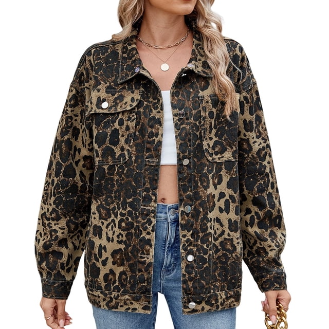 Veste Décontractée pour Femmes à Manches Longues, Col à Revers, Boutonnée, Coupe Ample Style Boyfriend, Veste en Denim Mode, Imprimé Léopard L