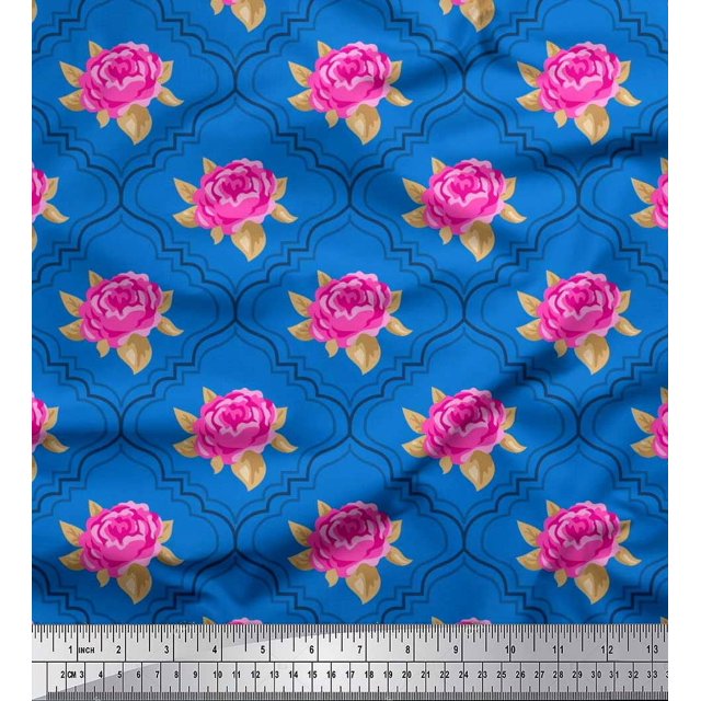 Soimoi Moss Tissu Georgette Motif Quatrefoil, Imprimé Feuilles & Roses au Mètre 42 Pouces de Large