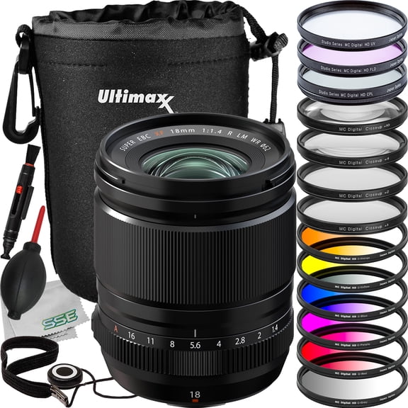 FUJIFILM XF 18mm f/1.4 R LM WR Lentille avec Ensemble d'Accessoires Essentiels : Pochette de Lentille Résistante à l'Eau, Kit de Filtre de Couleur Graduel 6 Pcs, Kit de Filtre UV Multi-Enduit 3 Pcs & Plus (Ensemble 23 Pcs)