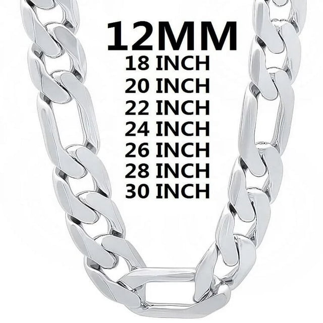 LOVEVER GQ Solid 925 Sterling Silver Necklace for Men featuring a classic 12mm Cuban chain design. Available in lengths of 18, 20, 22, 24, 26, 28, and 30 inches, this statement necklace is a versatile fashion jewelry gift. The polished silver finish adds a sleek and timeless appeal.