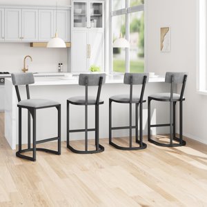 Bar Stools Set of 4, Counter Height Bar Stools with Curved Back & Metal Frame – Upholstered Modern Tall Barstools for Kitchen & Dining Room, Gray