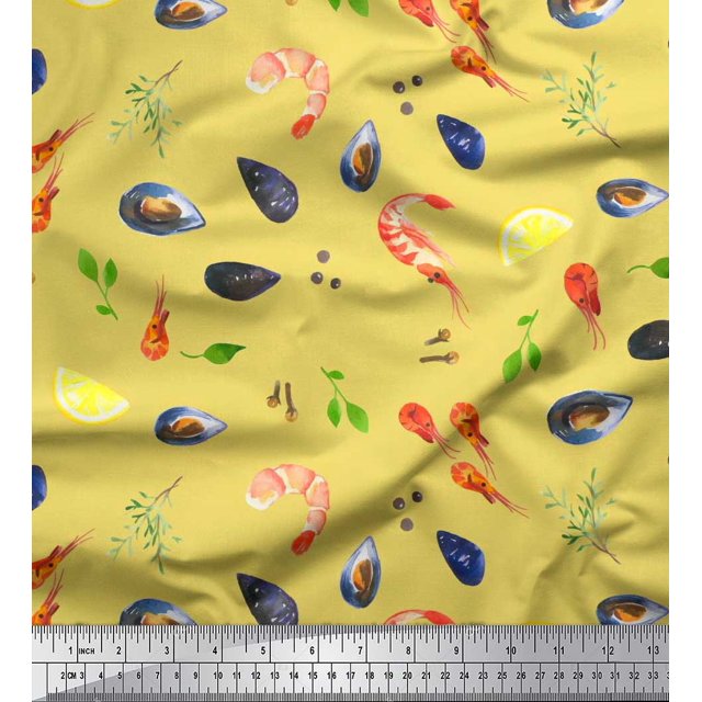 Soimoi Rayon Fabric Gemstone,Lemon Slice & Prawns Food Decor Fabric Printed Yard 42 Inch Wide