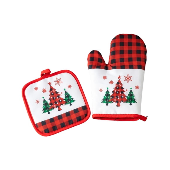 Christmas Tree Oven Mitts and Pot Holders, Heat Resistant, Long Oven Gloves Potholder for Kitchen Cooking Baking Decoration (D)