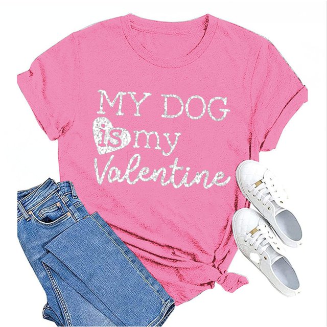 Tittly T-Shirts pour Femmes T-Shirts Graphiques Saint-Valentin Mon Chien Est Mon Valentin Imprimé Chandail Décontracté Imprimé Col Rond T-Shirt Chandail pour Femme T-Shirt T-Shirts Chemises Hauts pour Femmes Rose Vif G