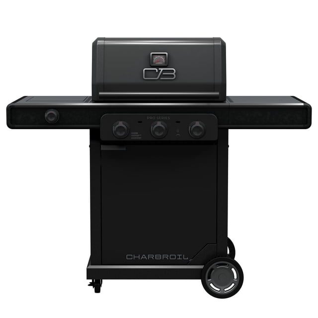 Char-Broil Pro Series™ 3-Burner Gas Grill with side burner in black, front view showing three control knobs, a temperature gauge on the hood, side shelves, and two wheels for easy mobility, suitable for natural gas BBQs and outdoor cooking in Canadian climates.
