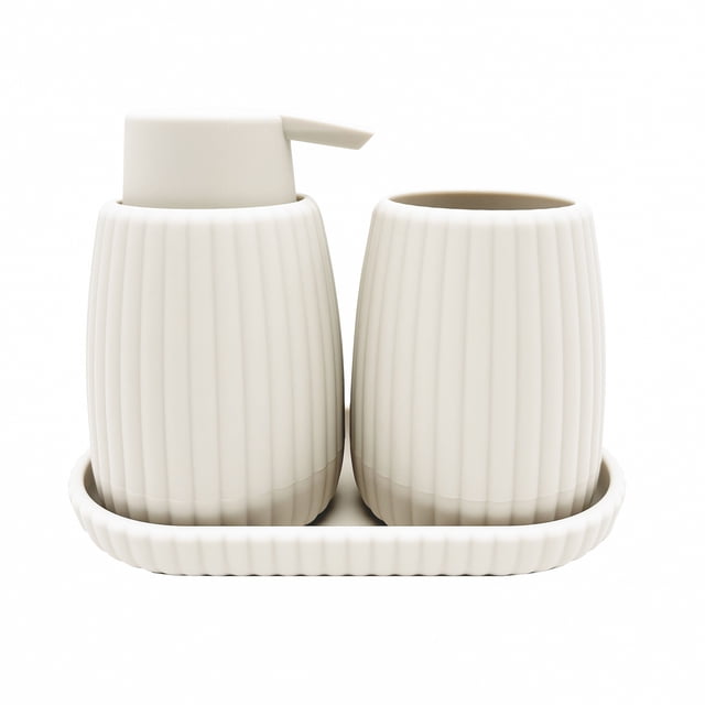 Mainstays Ensemble d'Accessoires de Salle de Bain 3 Pcs en Blanc avec Distributeur de Savon Côtelé, Gobelet et Plateau avec Dessous en Caoutchouc Antidérapants, Idéal pour Organiser les Salles de Bain des Enfants et Facile à Nettoyer.