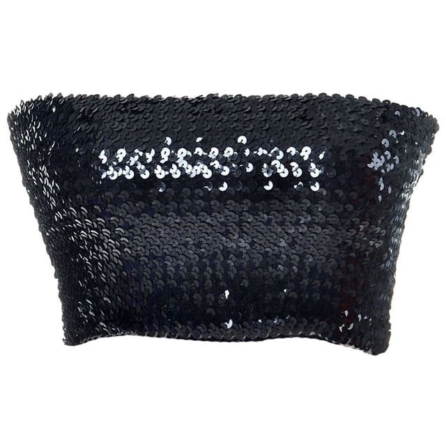 Womens Shiny Sequin Party Cropped Strapless Bandeau Stretch Tube Top