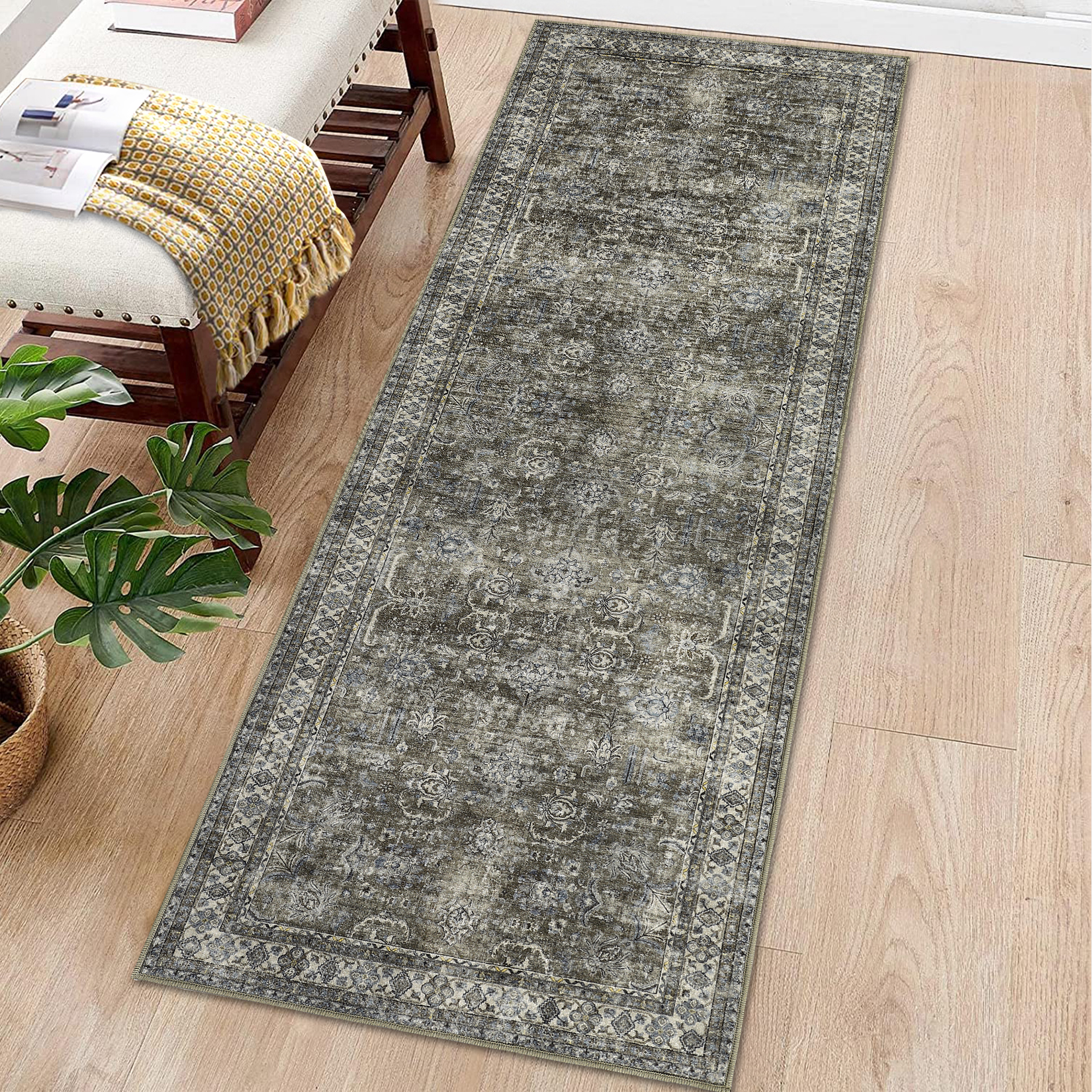 HOMERRY Washable Runner Rug 2x6 Entryway Rug Boho Tribal Runner Rug for Hallway Vintage Print Distressed Runner Carpet Non-Slip, Green