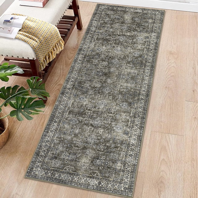 HOMERRY Washable Runner Rug 2x6 Entryway Rug Boho Tribal Runner Rug for Hallway Vintage Print Distressed Runner Carpet Non-Slip, Green