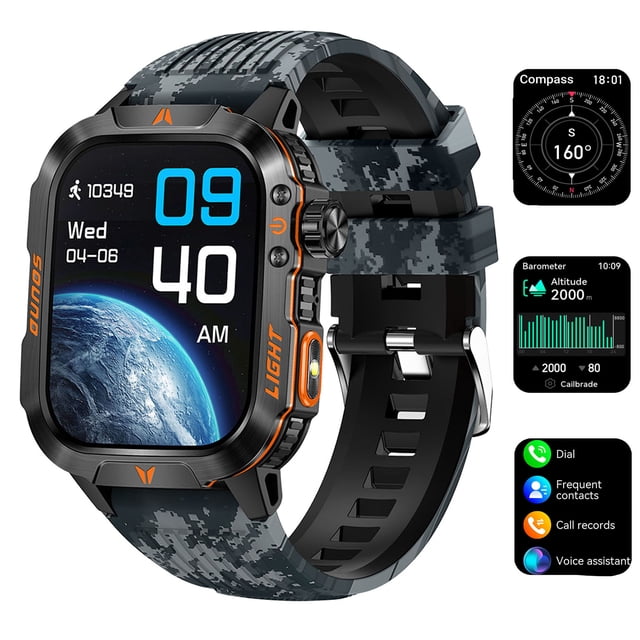 Smart Watch Bluetooth Call(Answer/Make Calls) Compass LED Flashlight IP68 Fitness Trakcer Outdoor Fitness Watch for Android Ios Men Smartwatch