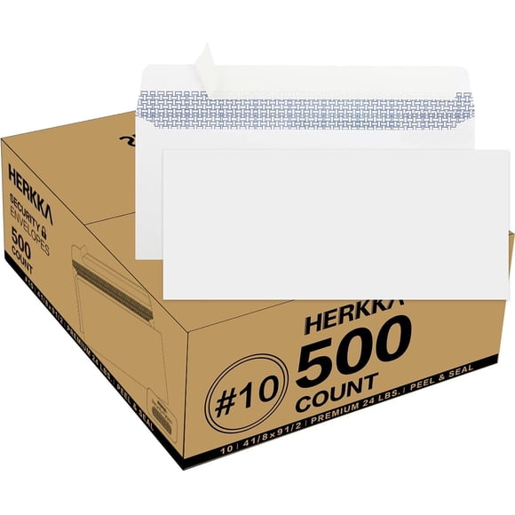 HERKKA #10 Security Self-Seal Envelopes, No.10 Windowless Bussiness Envelopes, Security Tinted with Printer Friendly Design - Size 4-1/8 x 9-1/2 Inch - White - 24 LB - 50