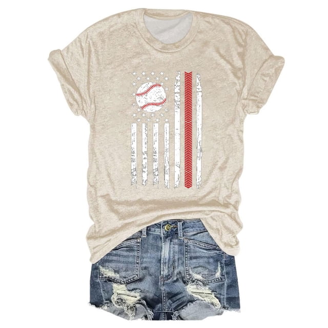 Hauts d'Été pour Femmes, 2024 Blouses Décontractées Chic pour l'Entraînement T-Shirts T-Shirts pour Femmes à Imprimé Baseball Col Rond Multicolore Multi Tailles Été Manches Courtes Beige