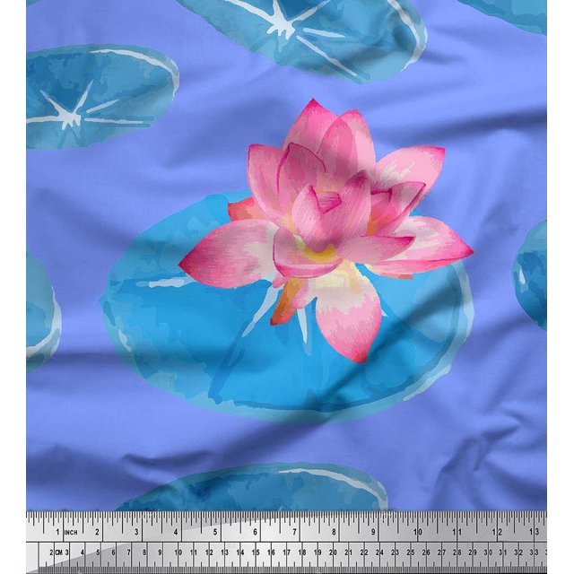 Soimoi Poly Georgette Fabric Leaves & Lotus Flower Print Fabric by the Yard 42 Inch Wide