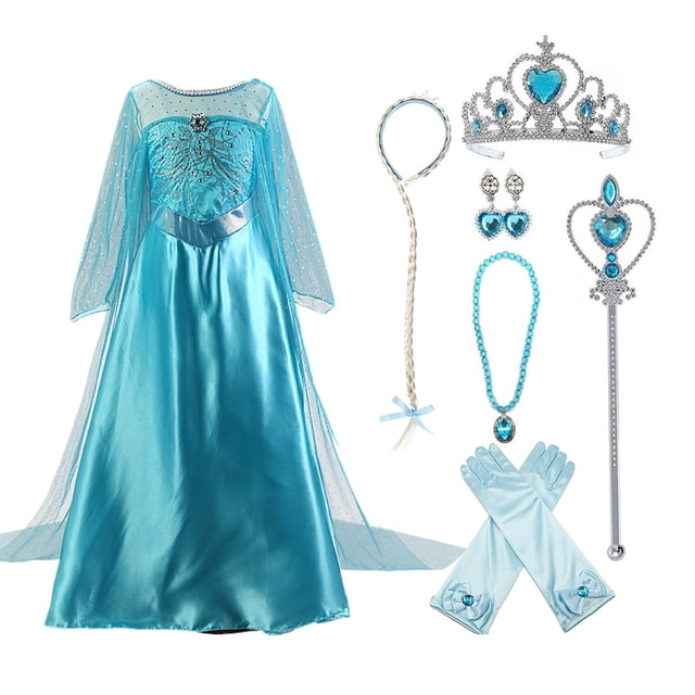 Princess Elsa Dress Up Costumes with Cloak for Birthday Party Halloween. This set includes a blue satin dress with a sequin bodice, sheer snowflake organza cape, and matching accessories such as a tiara, wand, gloves, necklace, earrings, and a braided hairpiece. The dress features an ankle-length design, long sleeves, O-neck, and an invisible zipper on the back. Made from a comfortable cotton polyester satin blend with lace, it is suitable for children aged 3-11 years. Ideal for birthday parties, Halloween, performances, and other special occasions.