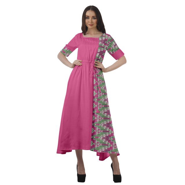 Moomaya Robe Midi en Viscose à Manches Courtes Imprimée Style Santoon à Taille à Cordon pour Femmes