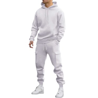 Pisexur Mens Sweatsuits 2 Piece Set Loose Solid Color Hooded Sweatshirts and Sweatpant Sets Athletic Sweatsuits Set for Men Jogger Sweatsuit S-3XL White