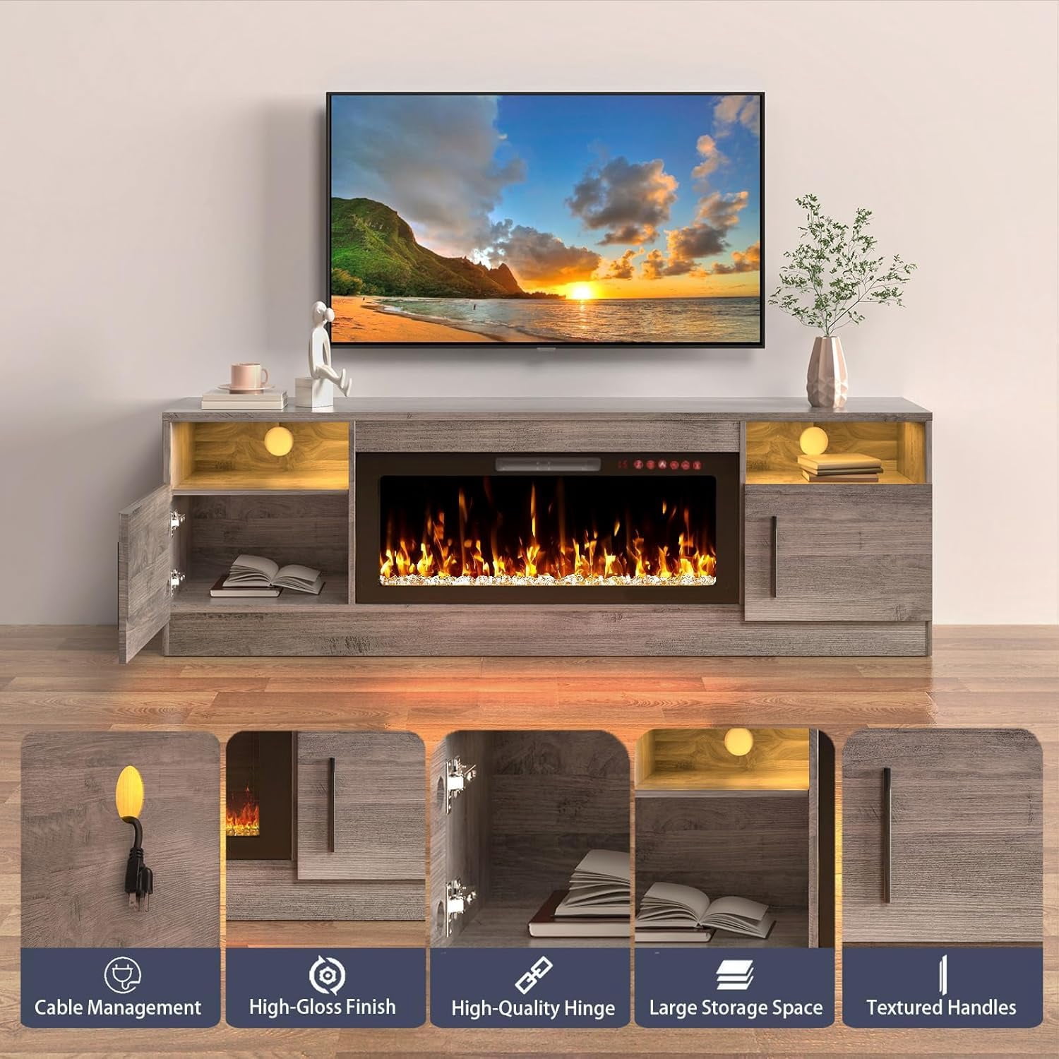 BeesClover Modern 70" Gray TV Stand, Wooden Entertainment Console with Storage Cabinets for TVs up to 75", Compatible with 36" Electric Fireplace (Fireplace Not Included), Ideal for Living Room